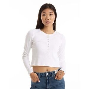 AMO Ribbed Henley Top Women Small White Cropped Long Sleeve Button Front